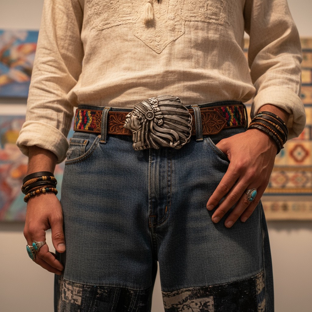Men Antique Dark Silver Metal Buckle Native American Indian Face Western Fashion