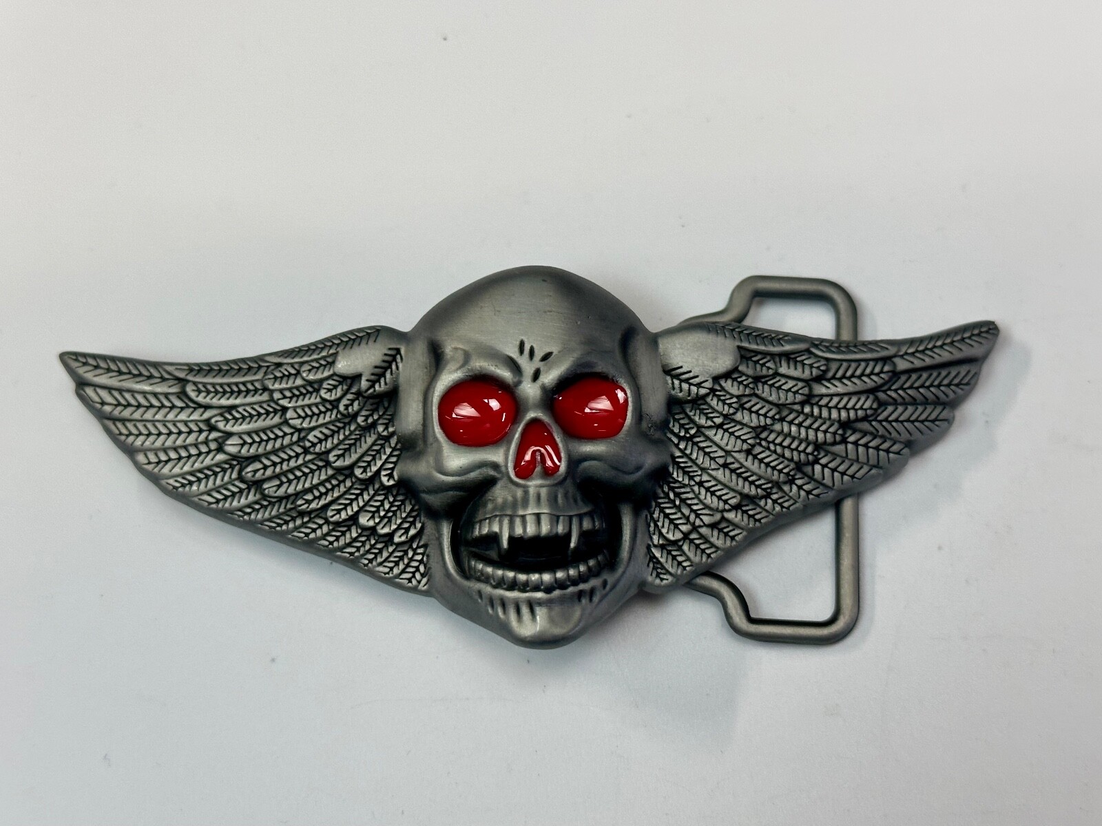 Skull With Fangs And Bright Red Eyes Cutout Large Wide Belt Buckle