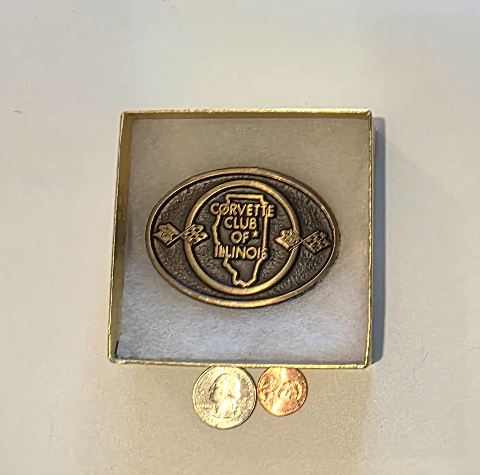 Vintage Metal Belt Buckle, Solid Bronze, Corvette Club of Illinois, Sports Car