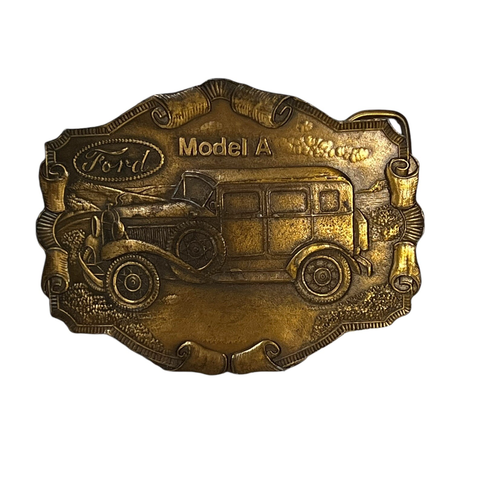 Vintage Ford Model A Car Brass Belt Buckle Scrolls Transportation
