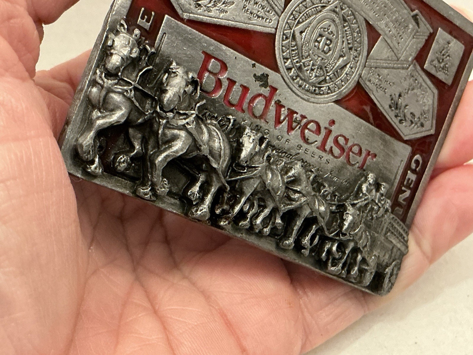 Budweiser Markatron Beer Clydesdales Silver Red Metal Antique Belt Buckle