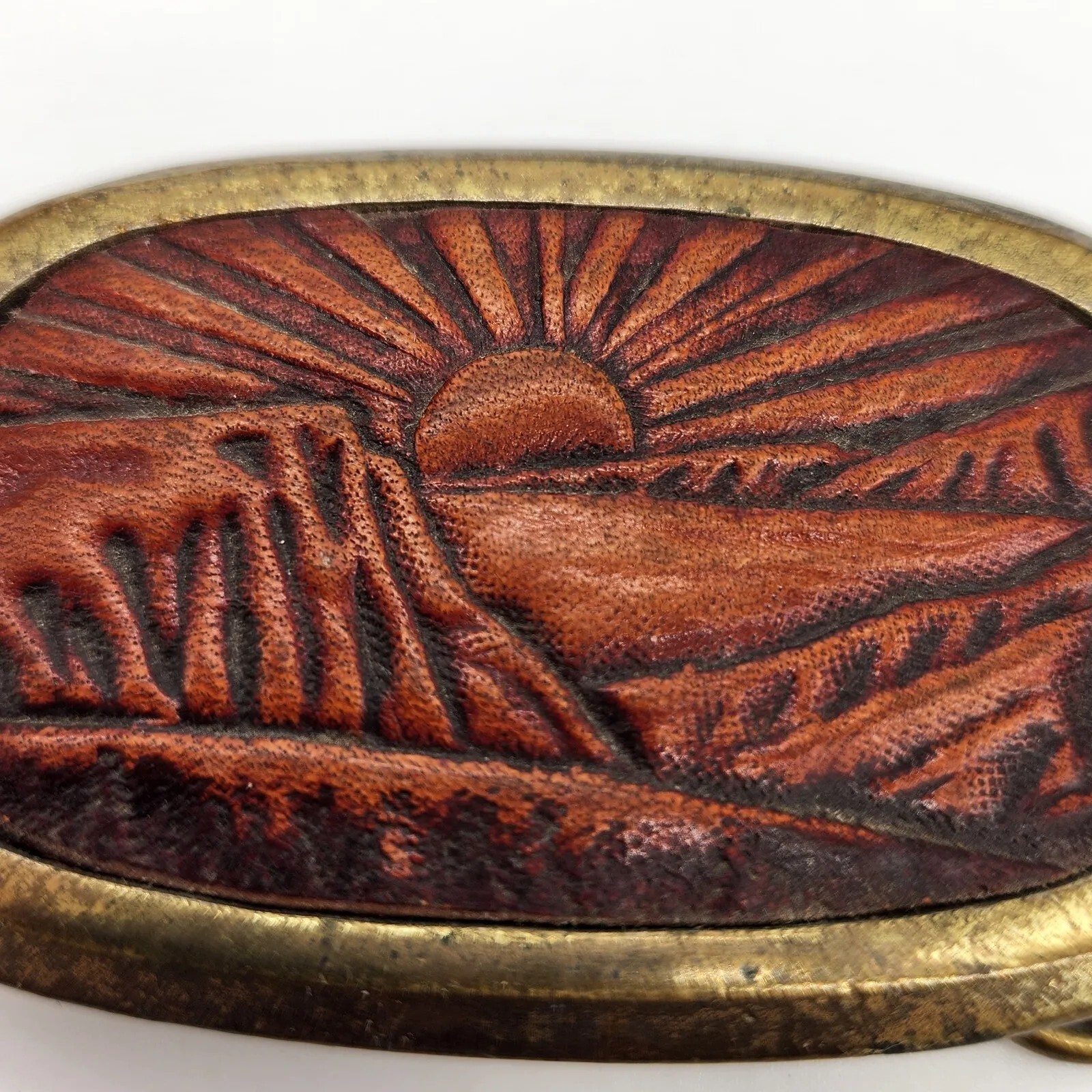 Vintage 1983 Great American Buckle Embossed Leather & Brass Belt Buckle Sunset