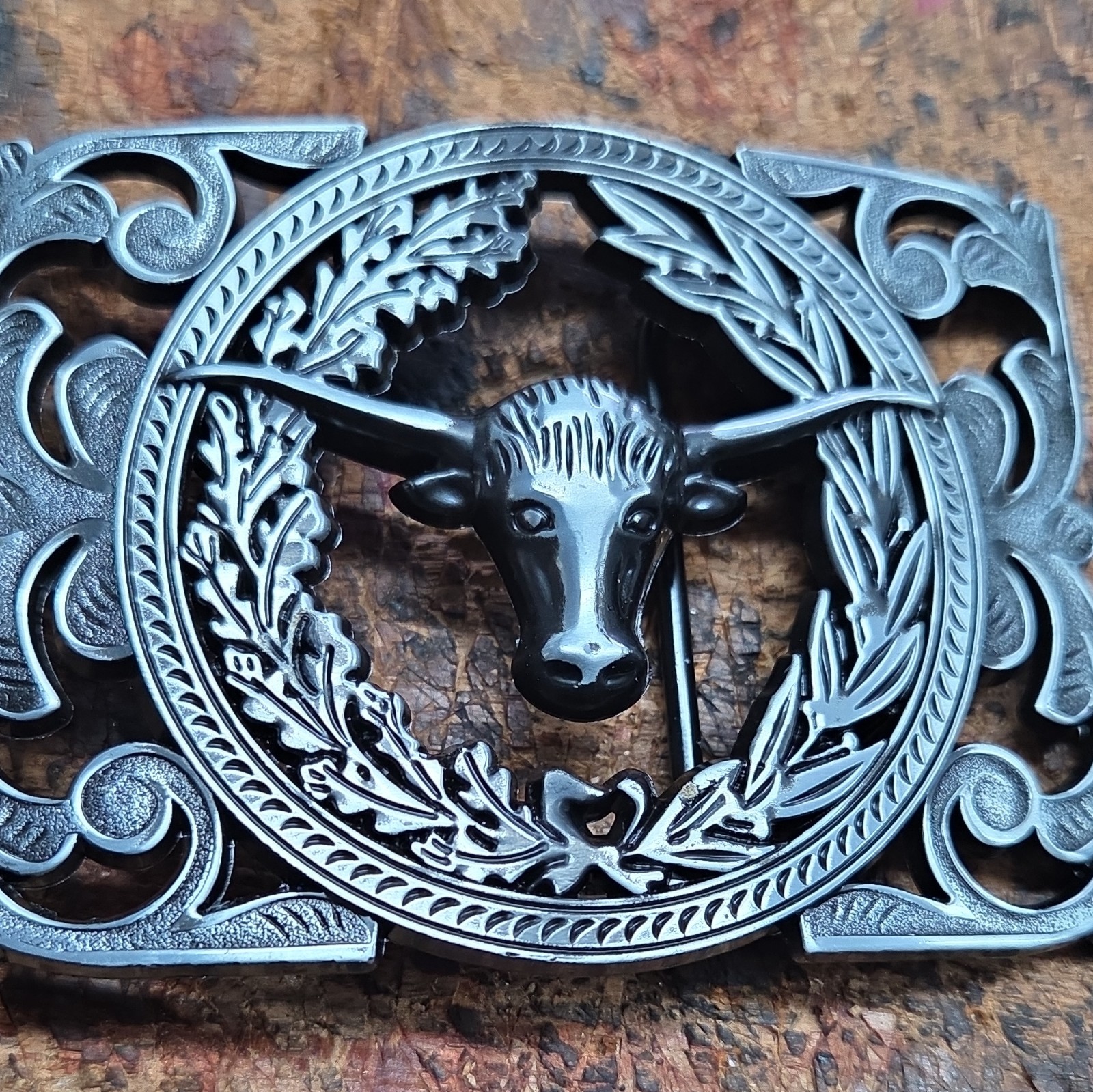 Rectangle Western Metal Belt Buckle Longhorn Bull Head Silver/Black 1.5in