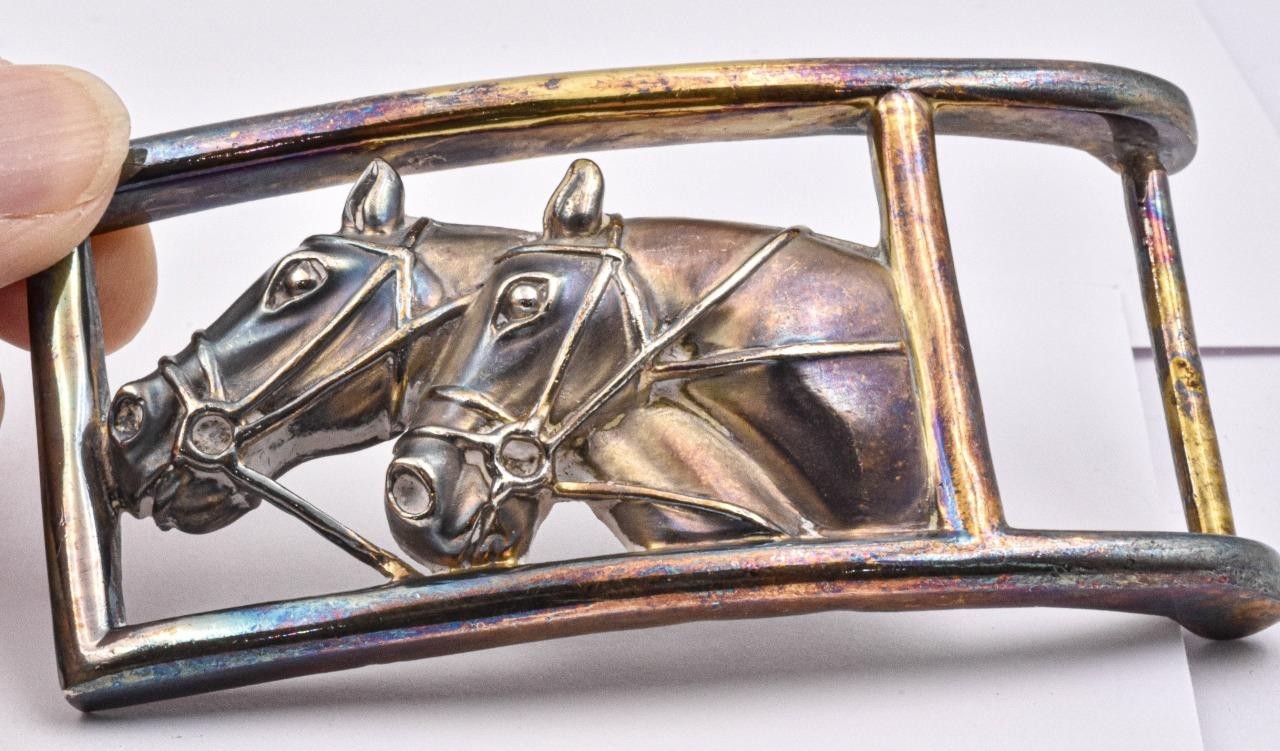 New old stock Sterling Silver B Kieselstein-Cord Double Race Horse Belt Buckle