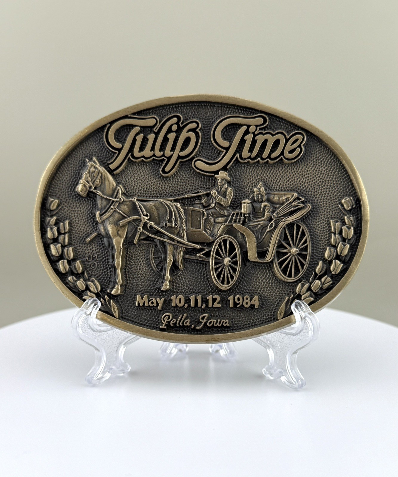 Tulip Time 1984 Horse Carriage Buggy Solid Brass Festival Buckle Limited Iowa