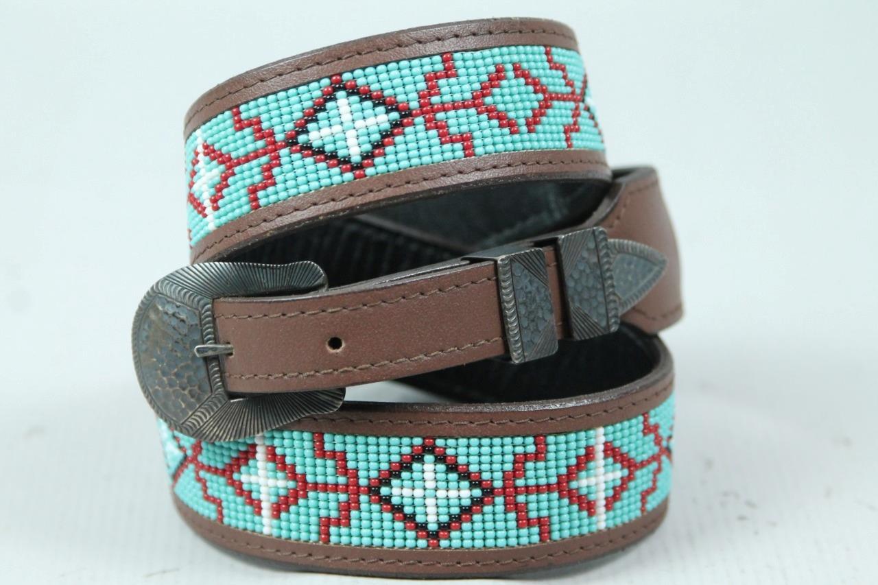 UNCLE SAM W Sterling Silver Buckle Navajo Native Turquoise Beaded Leather BELT