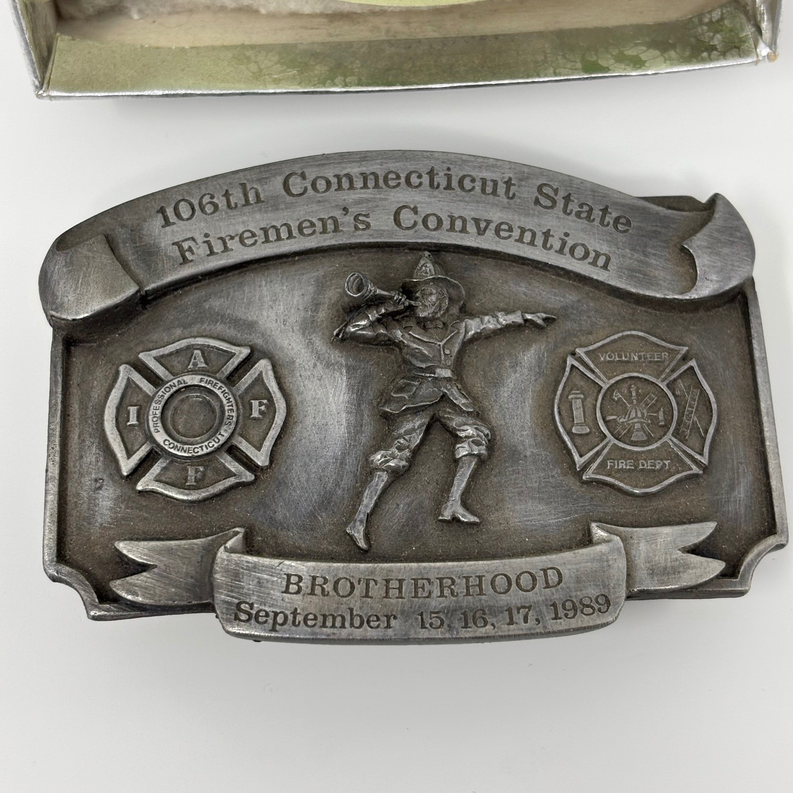 Leather King 106th Connecticut State Fireman&rsquo;s Convention Belt Buckle 1989 #453