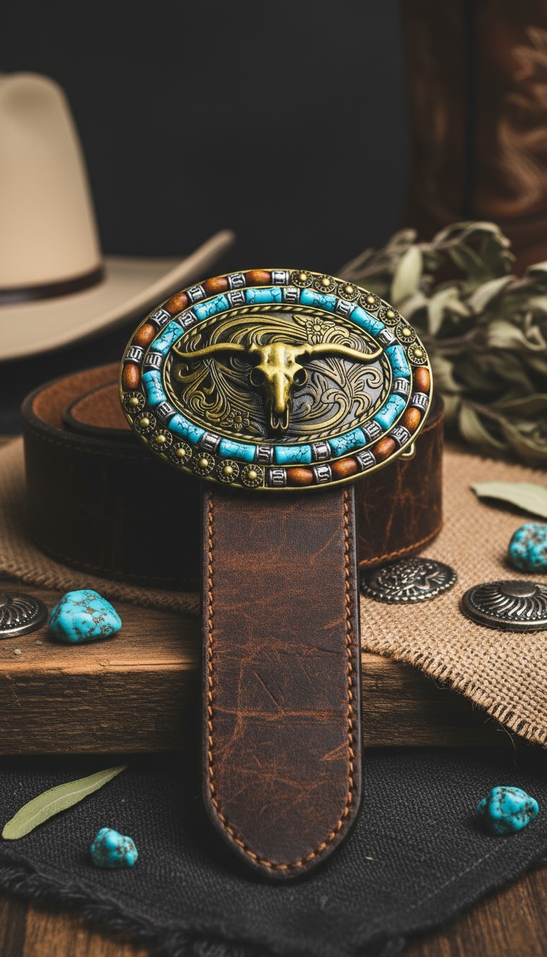 New Men Women Rusty Gold Metal Buckle Western Fashion Bull Long Horns Cow Texas