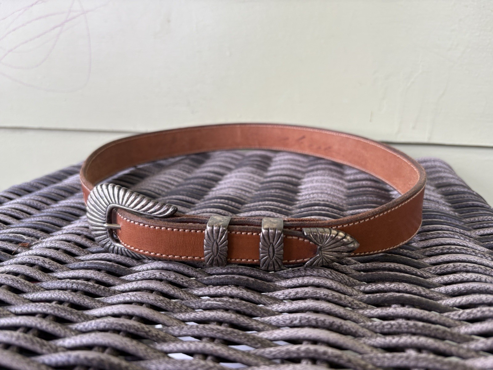 Douglas Magnus 4 Piece Sterling Silver Santa Fe Buckle Brown Leather Belt