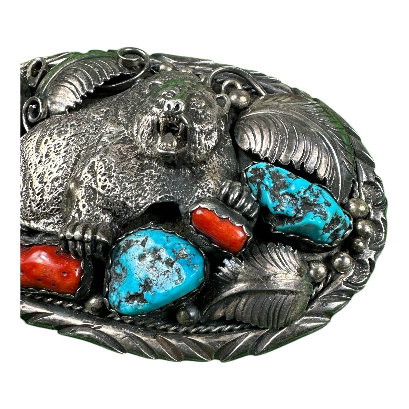 Navajo HP Maker Sterling Native American Grizzly Bear Turqoise Coral Buckle 88g
