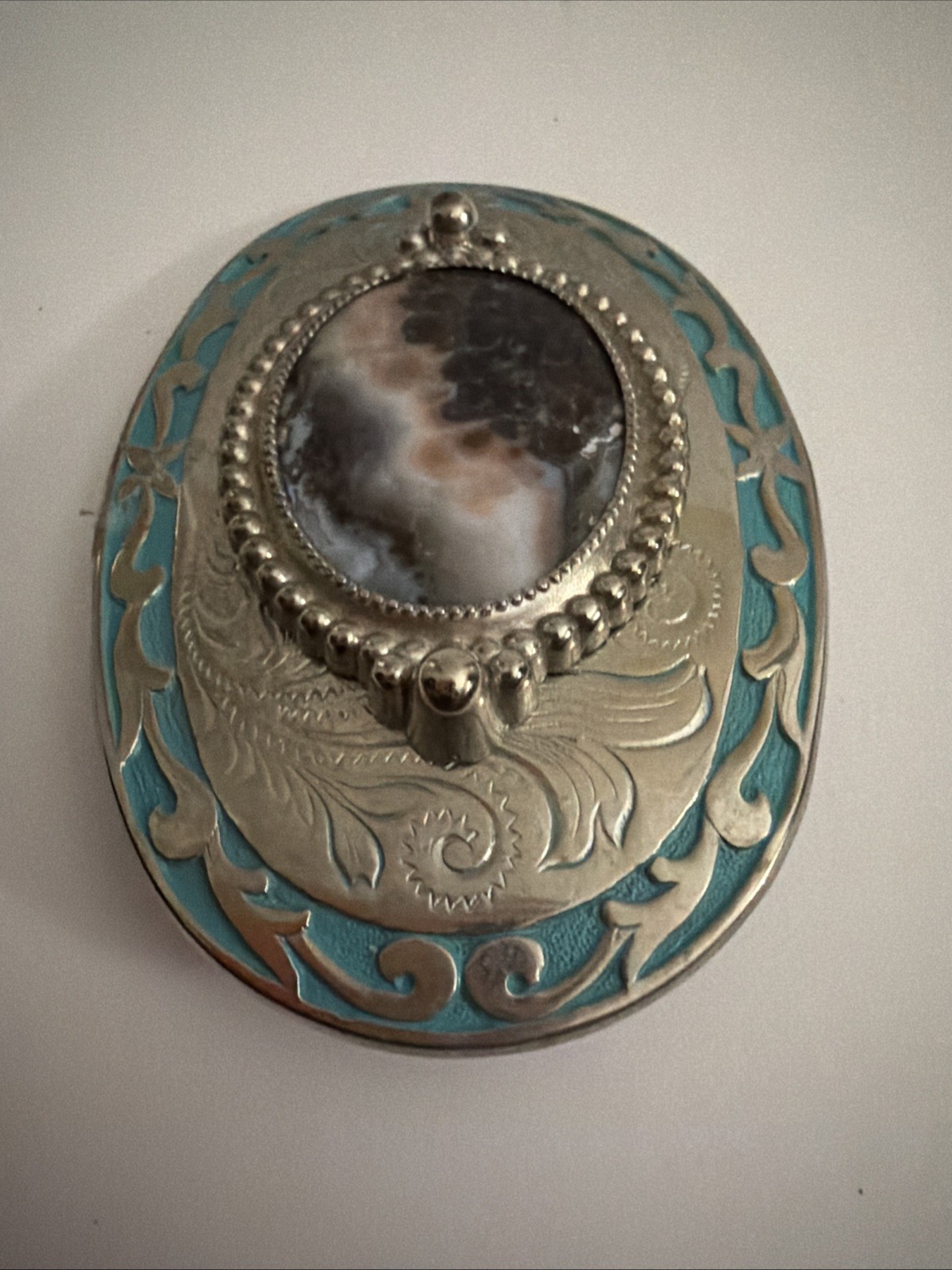 Southwestern Stone Belt Buckle Oval Floral Agate Western Silvertone