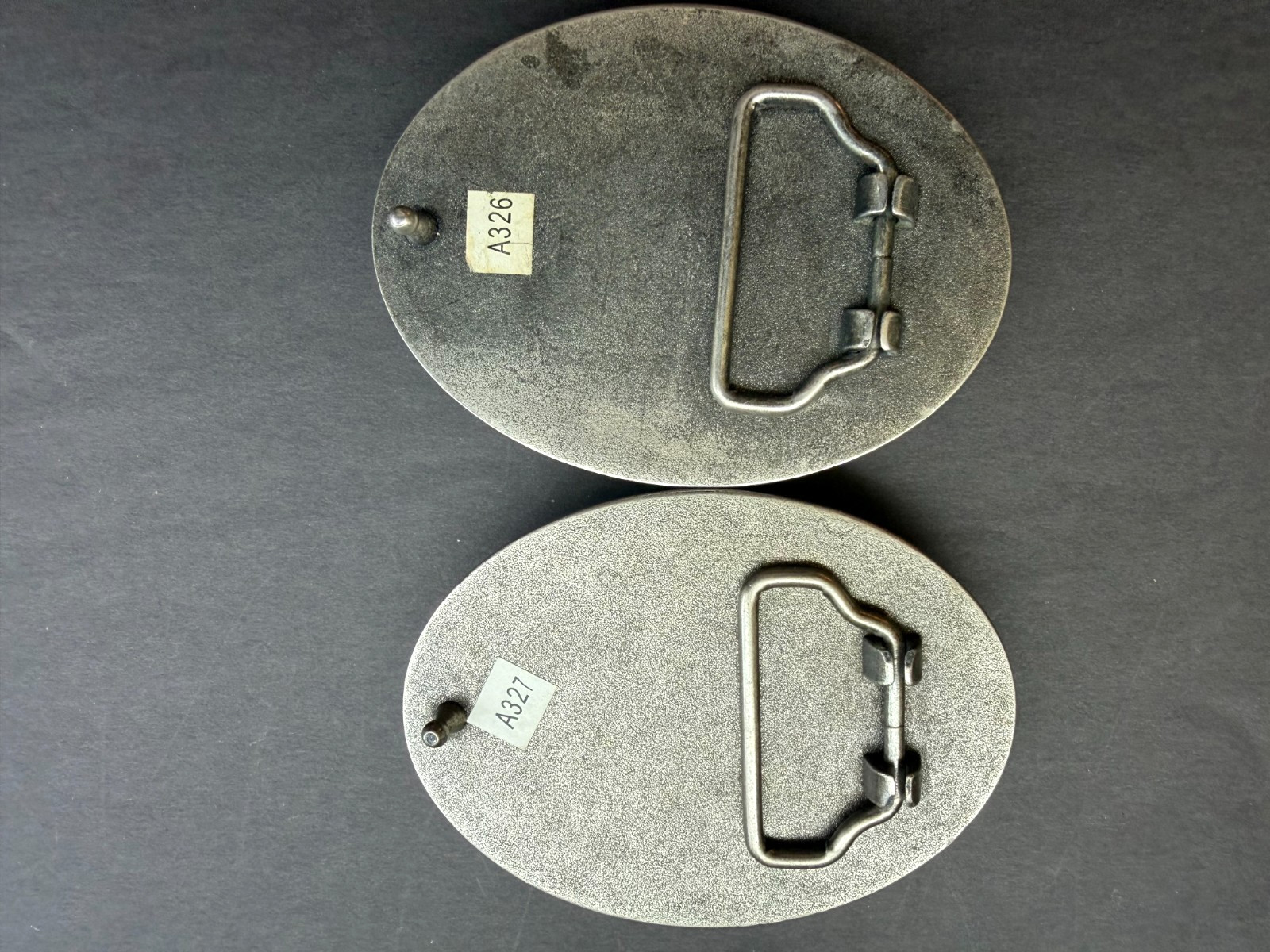 TWO SILVER TONE METAL MOMENTO MORI SKELETON BELT BUCKLES