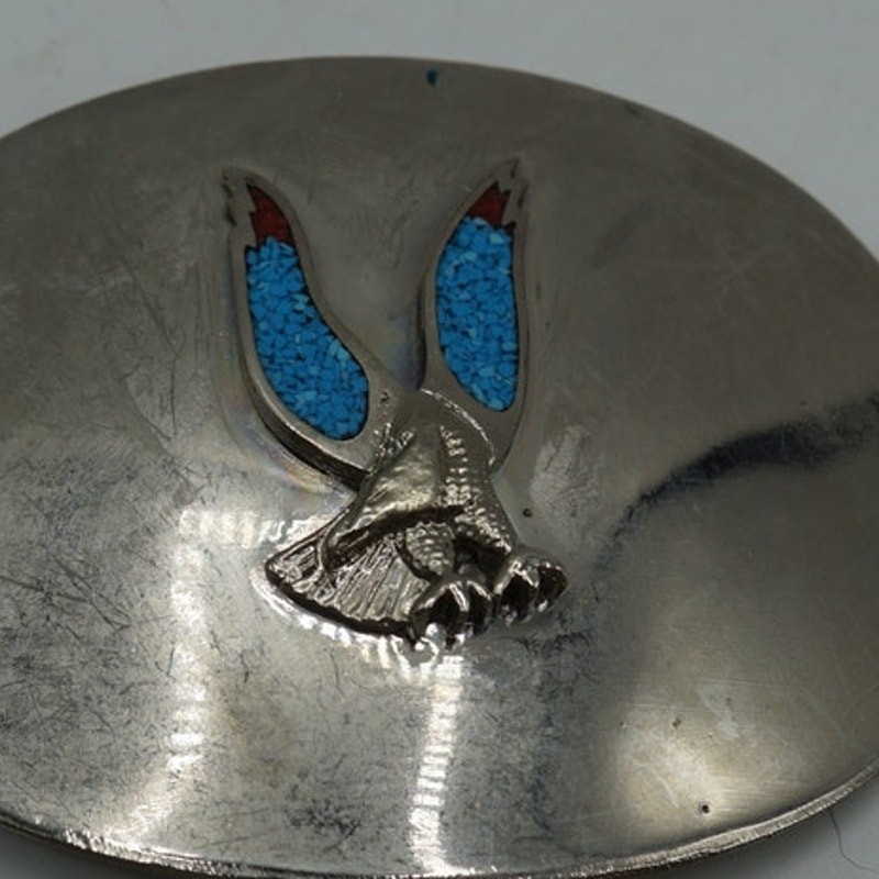 Vintage Eagle Belt Buckle Silver Tone Oval Turquoise Red Inlay Western Fits 2in