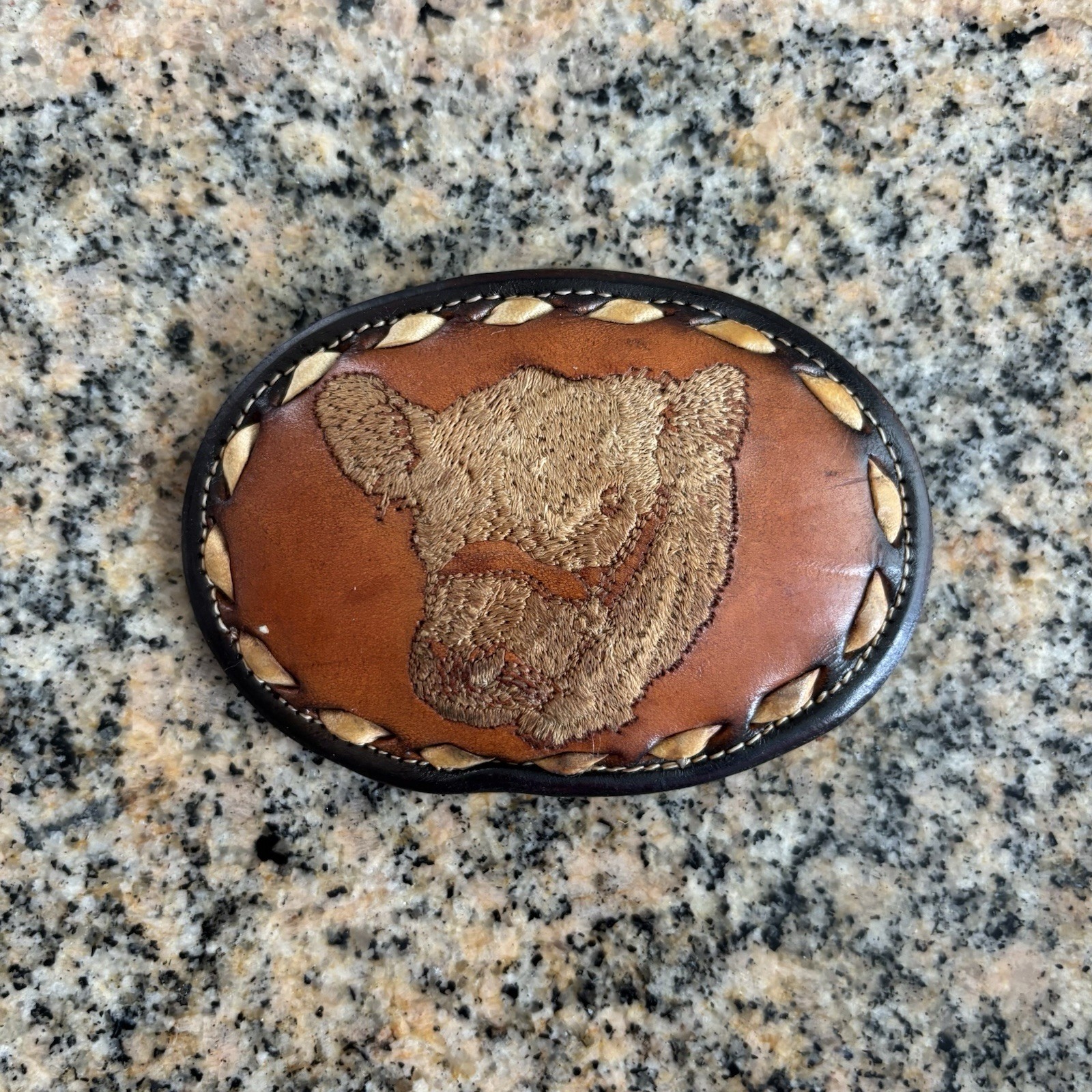 Tony Lama Vintage Leather Belt Buckle Brown Embroidered Cow Head Laced Edge
