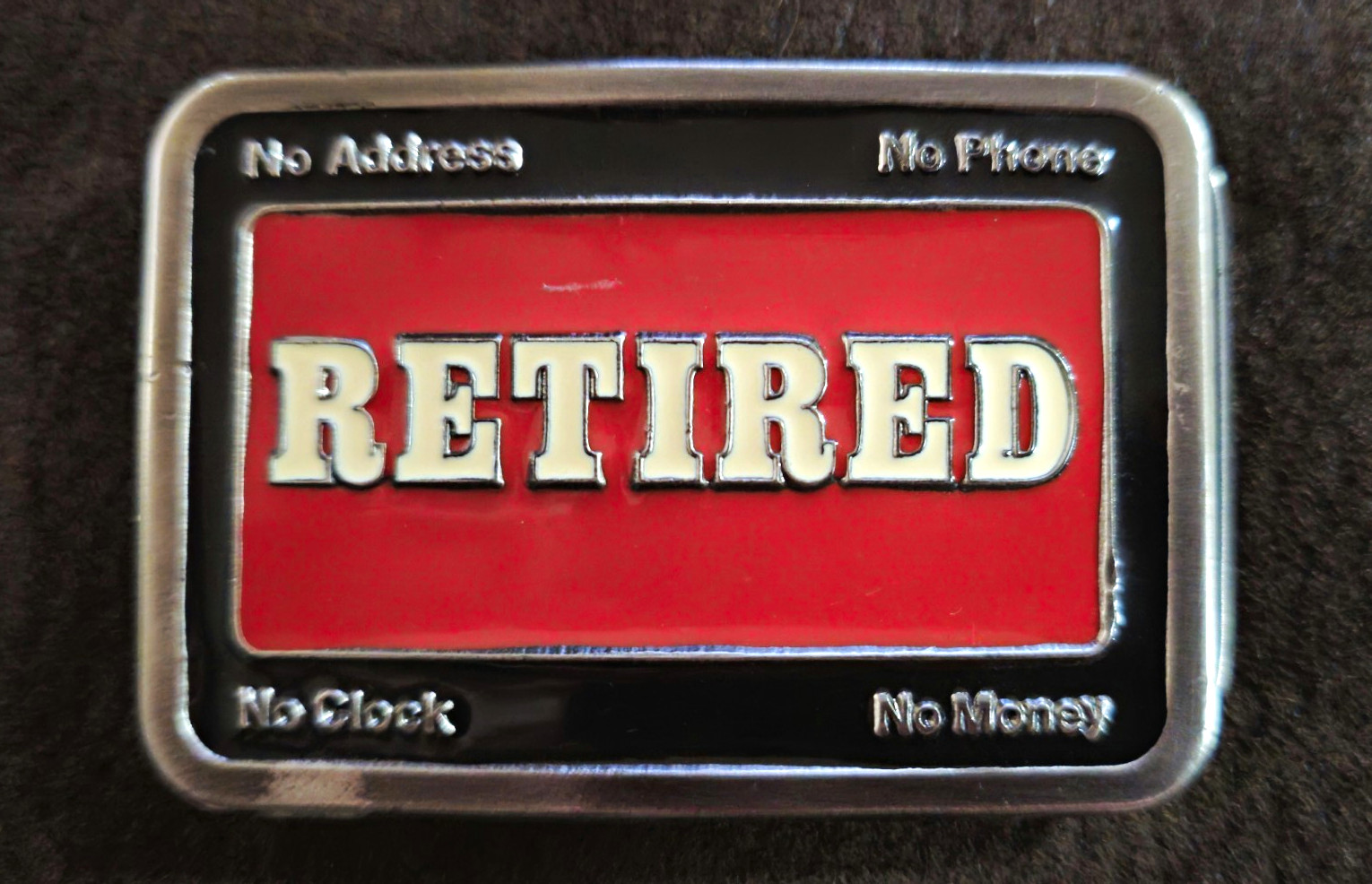 Vtg 1980s Retired Belt Buckle No Clock No Address Money Phone Red Enamel #2359