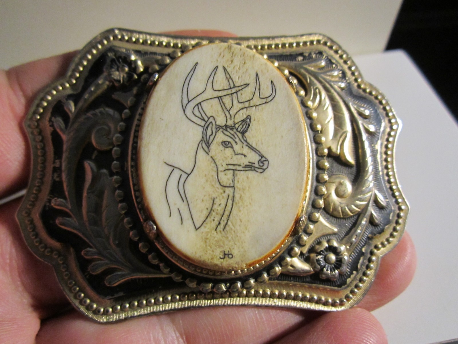 VINTAGE DEER ETCHED ON SOAPSTONE BELT BUCKLE – GW-26