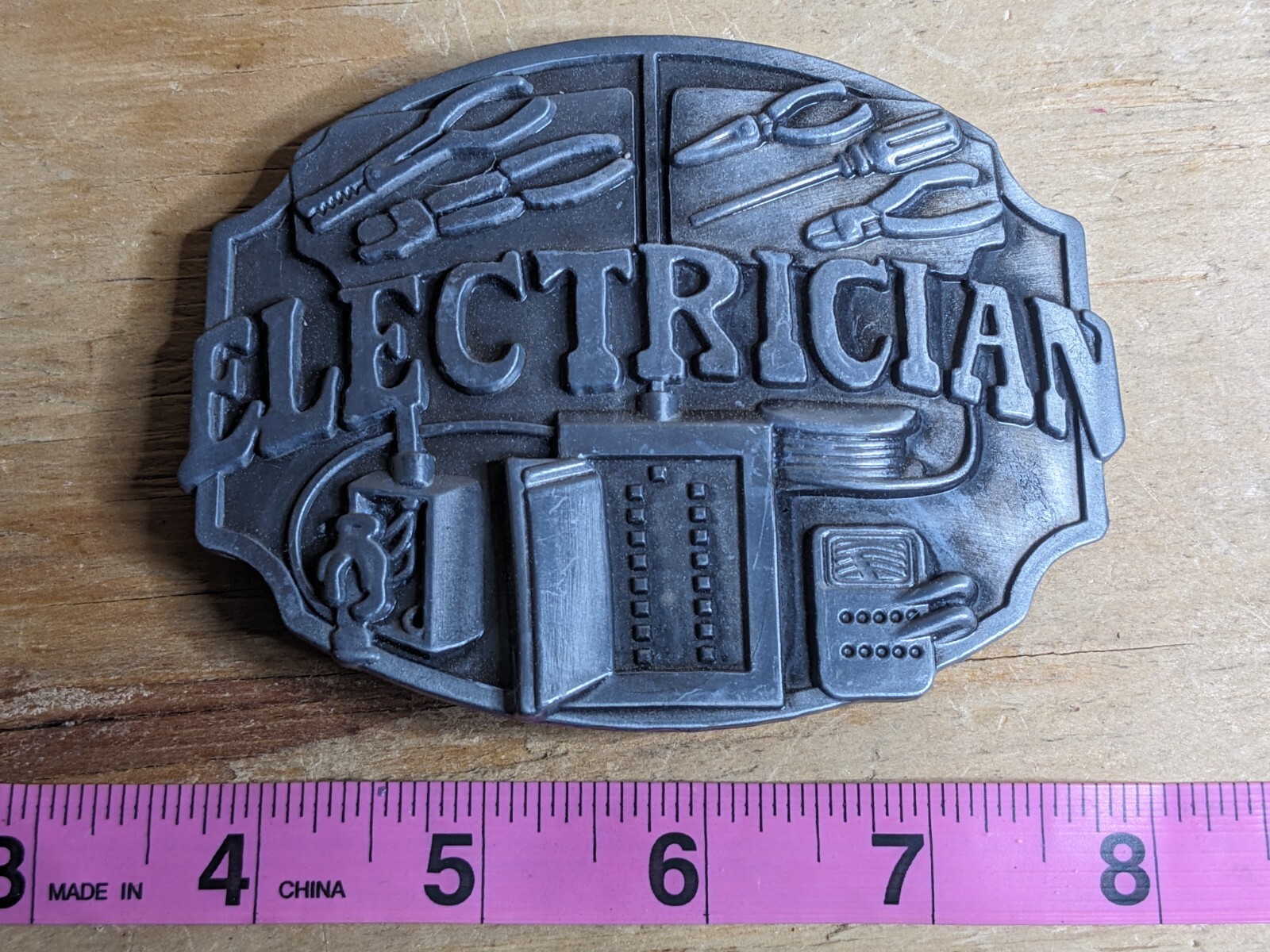 Vintage Electrician Belt Buckle Pewter Tone Metal Electrical Lineman Tools Gift