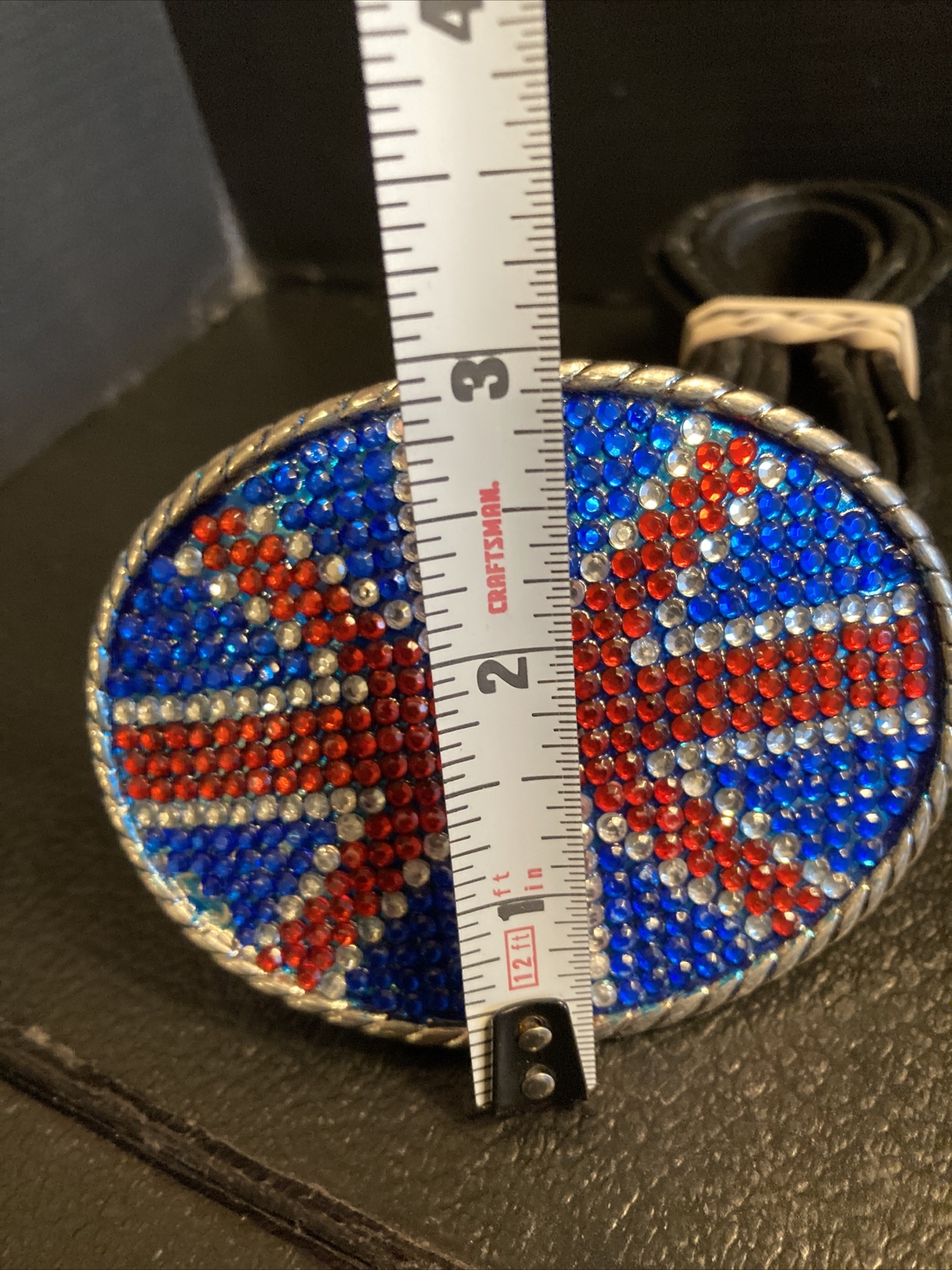 17) Union Jack British Flag Metal Belt Buckle Oval w/ Inset Stones & 36” Belt