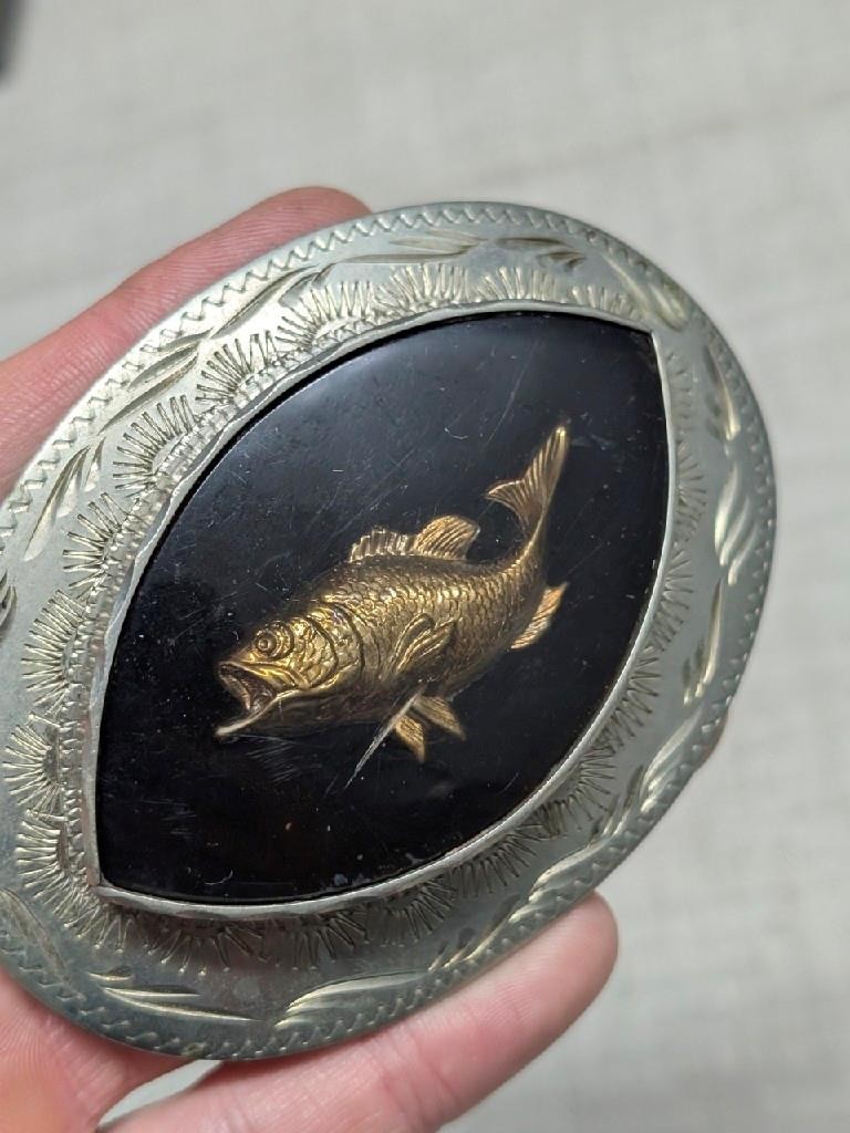 vintage HANDCRAFTED belt buckle FISHING western jewelry BASS german silver