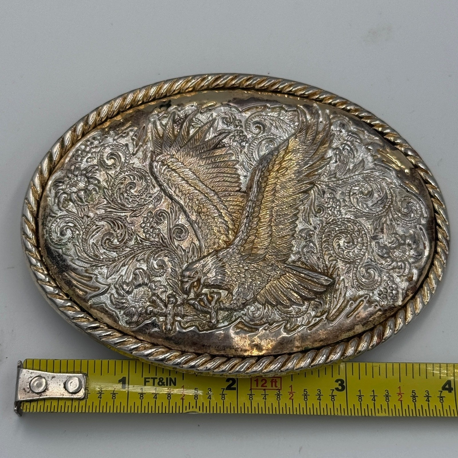 Ivan Western Eagle Belt Buckle Silver Gold Tone Floral Scrollwork Rope Border