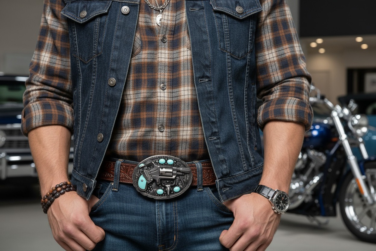Men Western Buckle Silver Metal Revolver Pistol Gun Feather Bull Skull Turquoise