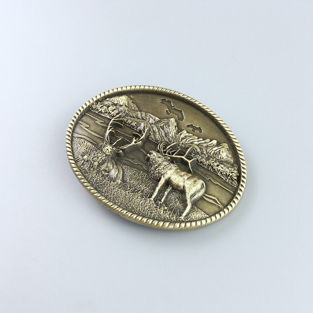 Vintage Bronze Plated Deer Wild Life Western Oval Belt Buckle Boucle de Ceinture
