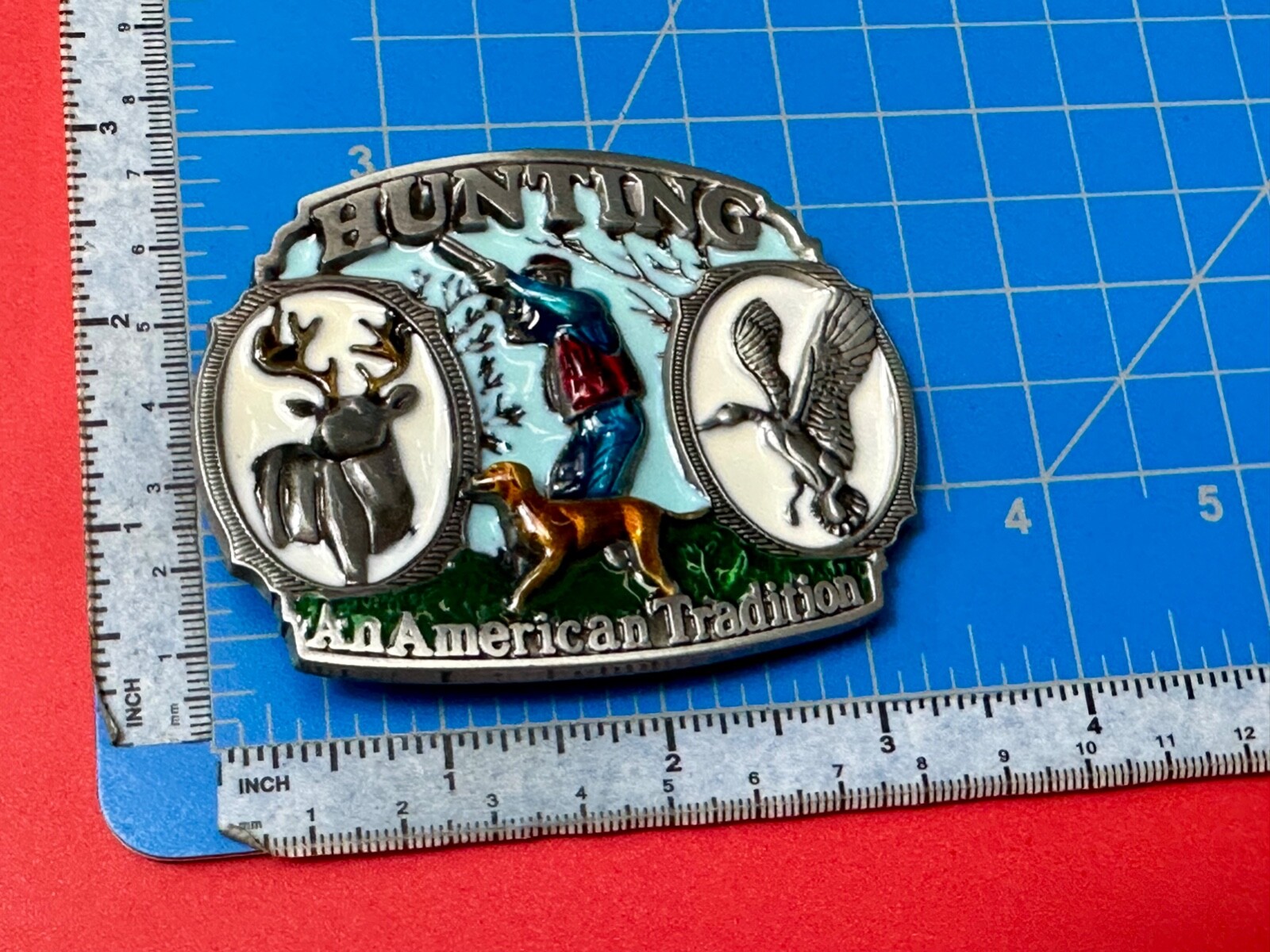 Hunting An American Tradition Vintage Belt Buckle Deer Duck Dog Colorful USA