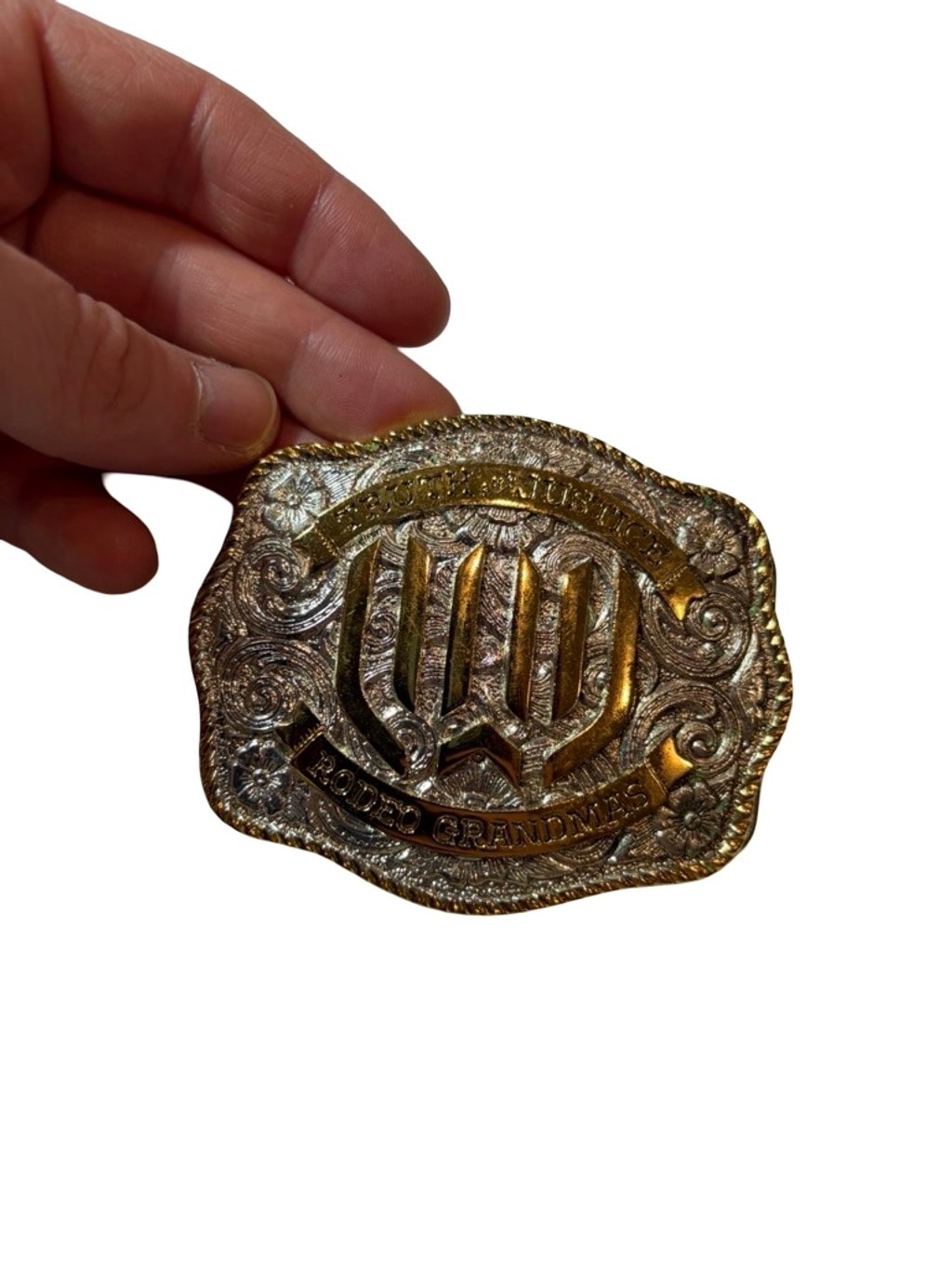 Vintage Western Rodeo Belt Buckle Truth Justice Rodeo Grandmas Gold Tone Cowboy