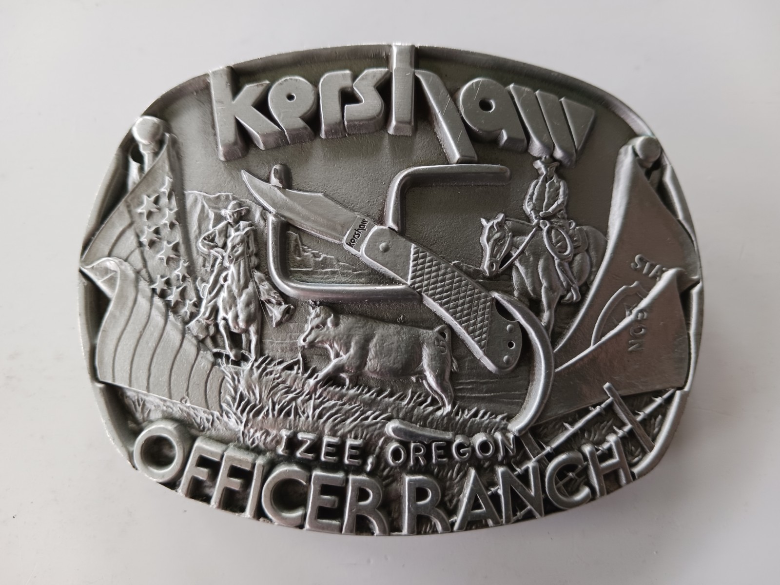 Vintage Kershaw Officer Ranch Fine Pewter Belt Buckle Made In USA # 11882