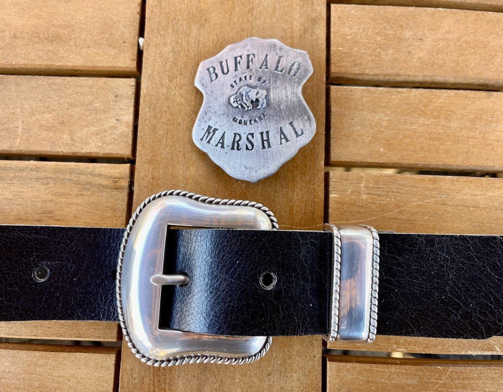 Western Belt Buckle Bonfe Leather Workshop Silver Ranger w/ Premium Leather Belt