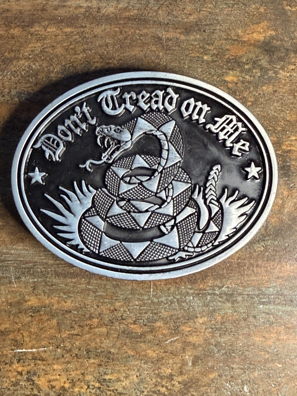 Don&rsquo;t Tread On Me Snake Belt Buckle Gadsden Flag Antique Silver Black Enamel