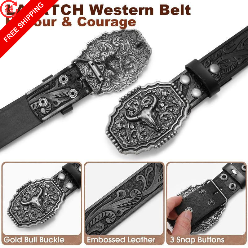 LALATCH Cowboy Belts for Men XS 28&Prime;-32&Prime; Waist, Silver Bull Buckle/ Black