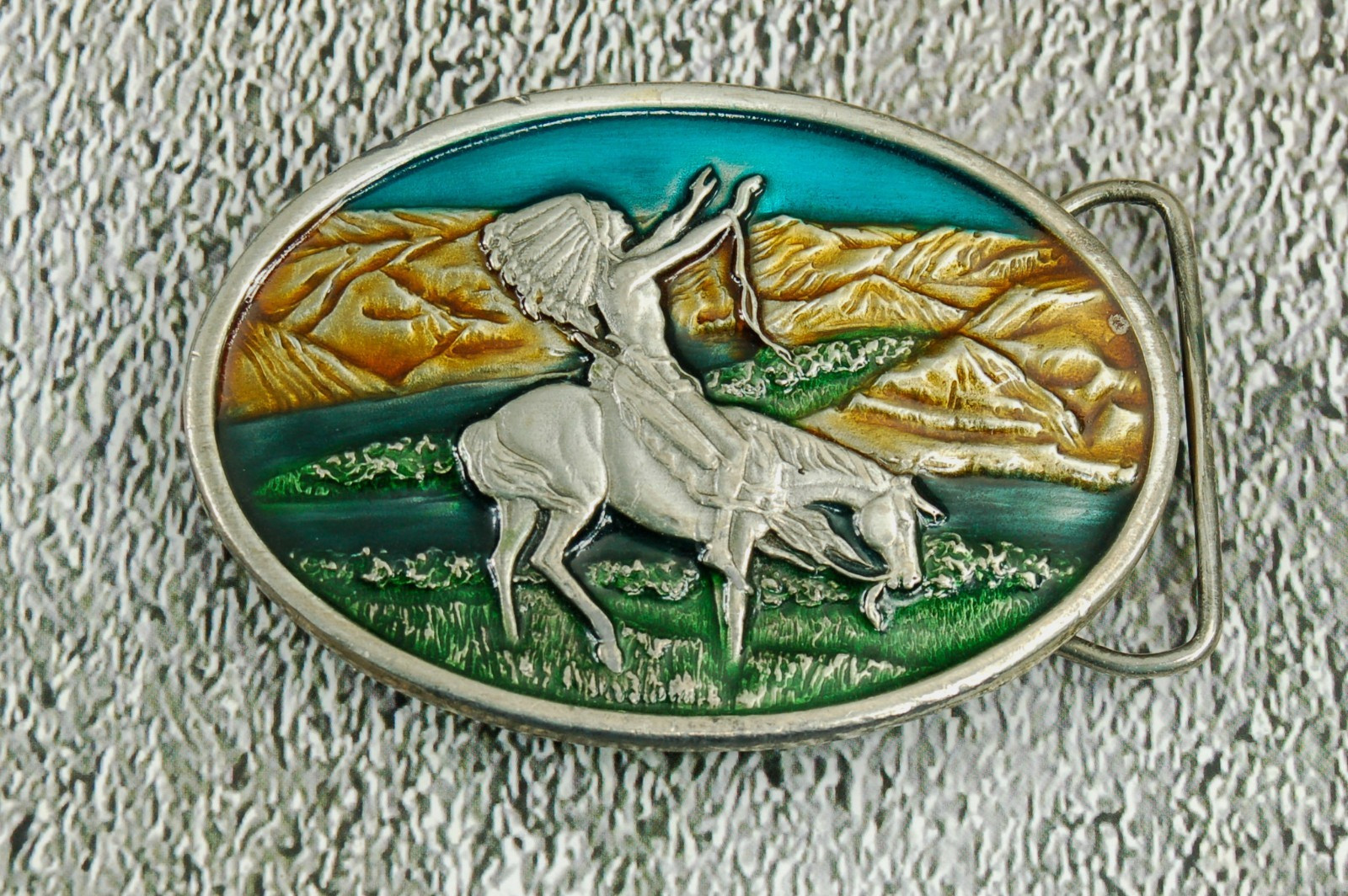 Bergamot Brass vintage Chief Joseph enamel on metal western belt buckle