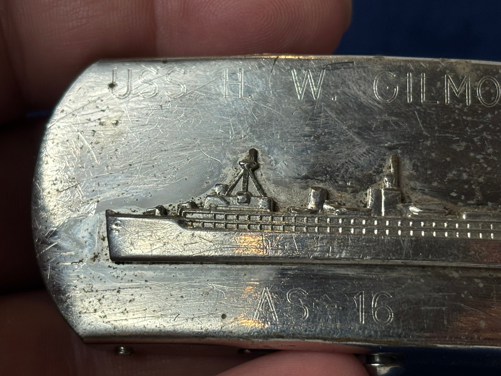 Vtg Naval USS HW Gilmore AS-16 Belt Buckle Fulton-Class Submarine Tender Japan