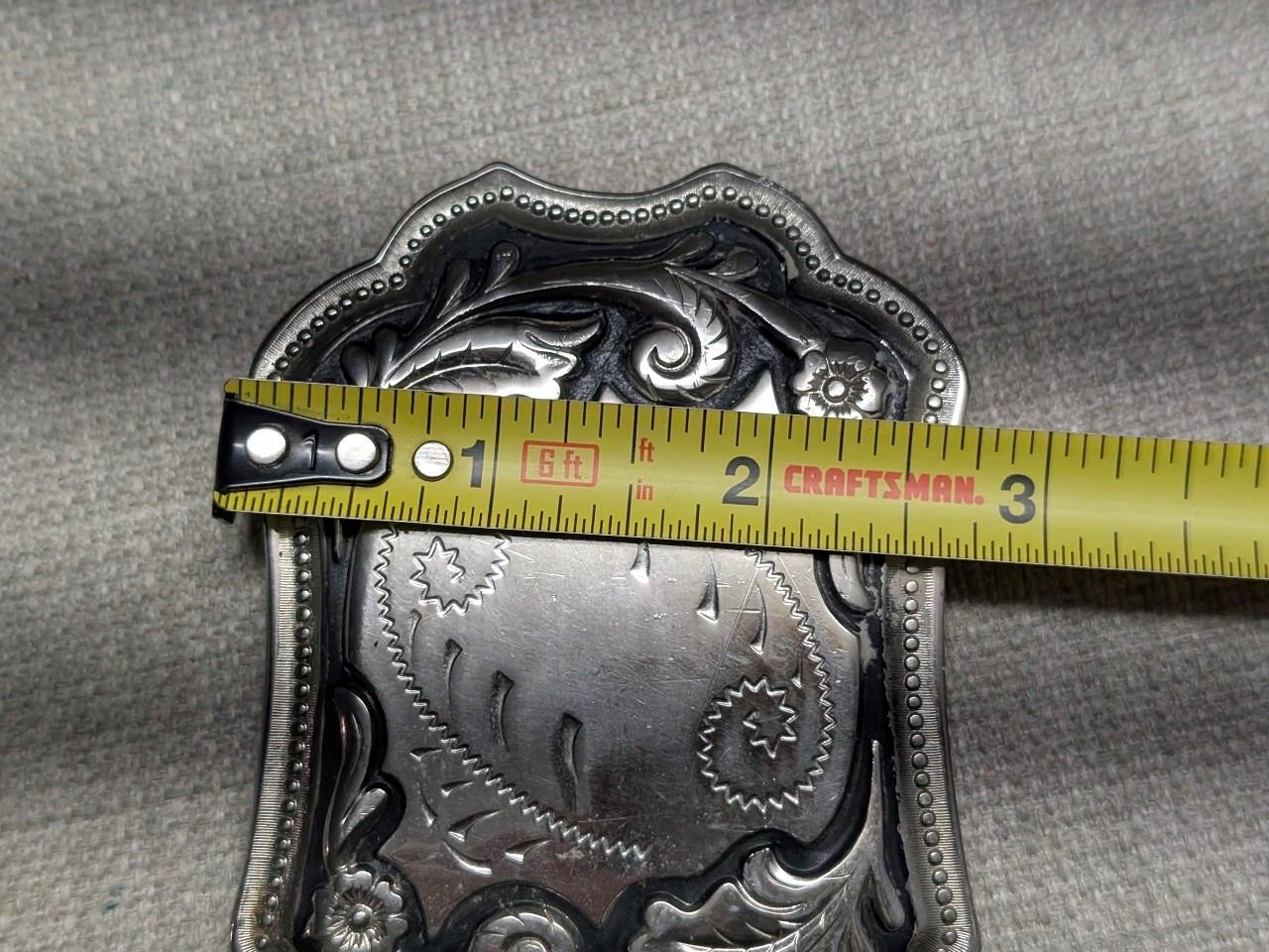 vintage CHROME belt buckle ENGRAVED metal WESTERN cowboy FLORAL