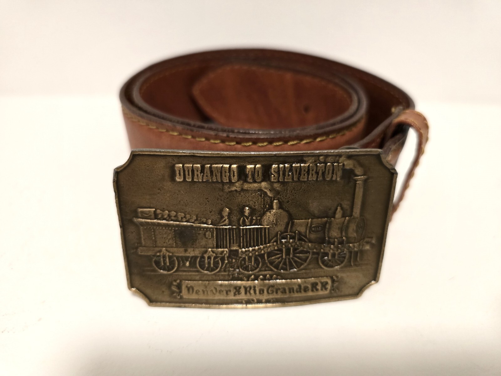 Vintage Durango to Silverton Belt Buckle Denver & Rio Grande RR & Cowhide Belt