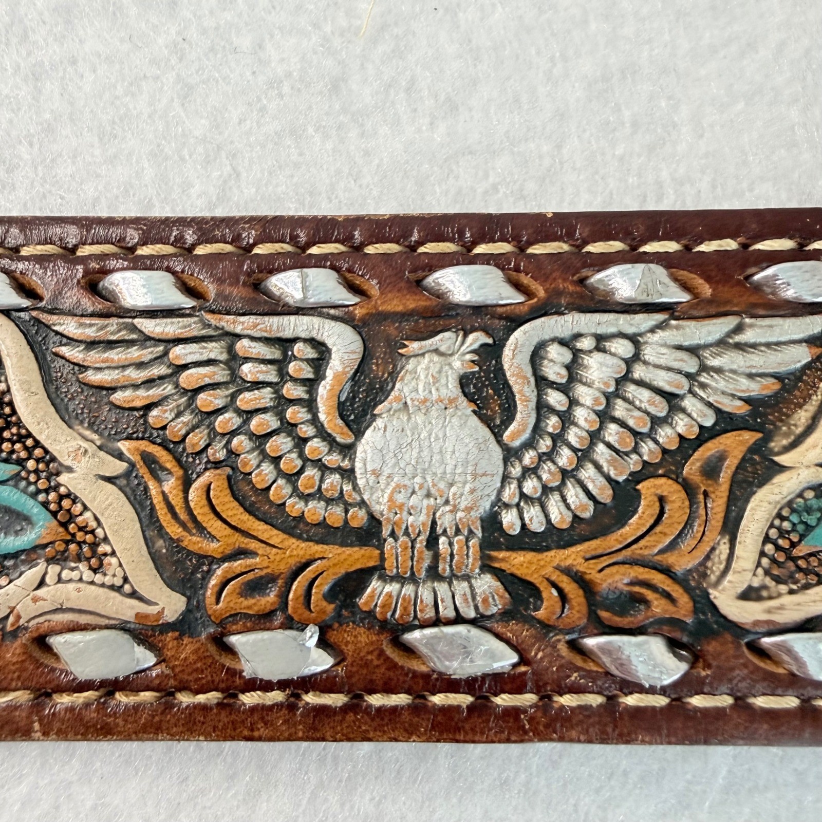 VTG Western Tooled Leather Belt Eagle Floral Inlay Personalized Jerry Size 36
