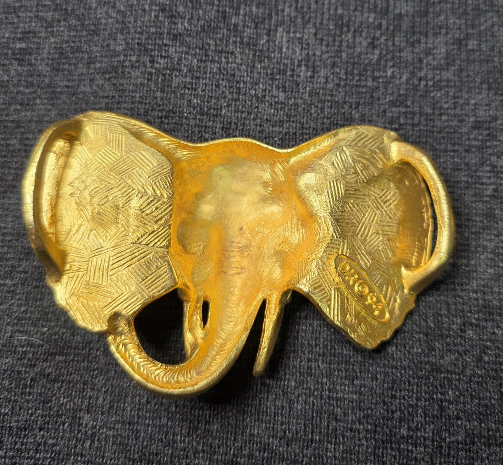 Vintage DR Elephant Belt Buckle Mens Gold Metal Rhinestone Western Safari 90s
