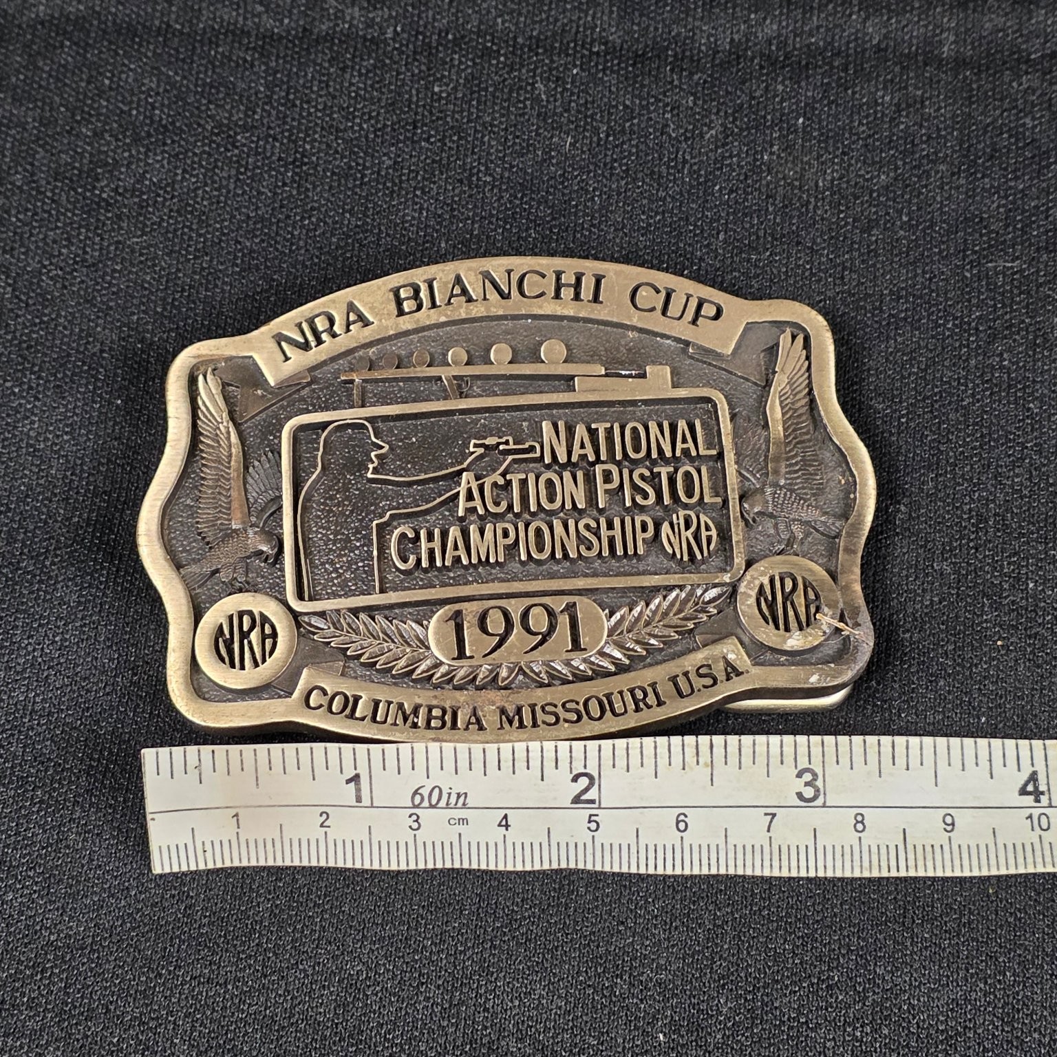 NRA Bianchi Cup Belt Buckle Bronze Tone 3.25&Prime; Wide 1991 Engraved