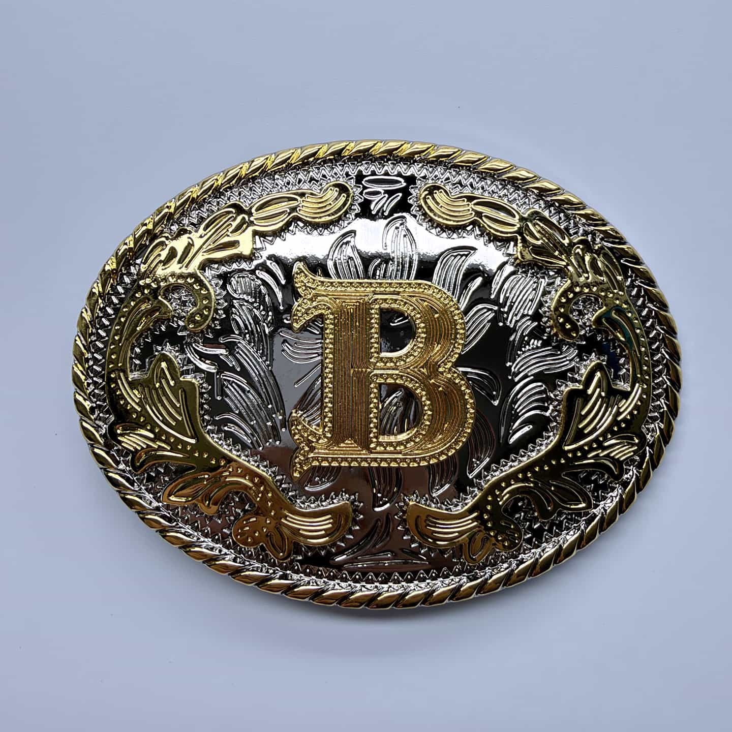 Bright Silver With Gold Initial Letter A-Z Cowboy Cowgirl Oval Belt Buckle