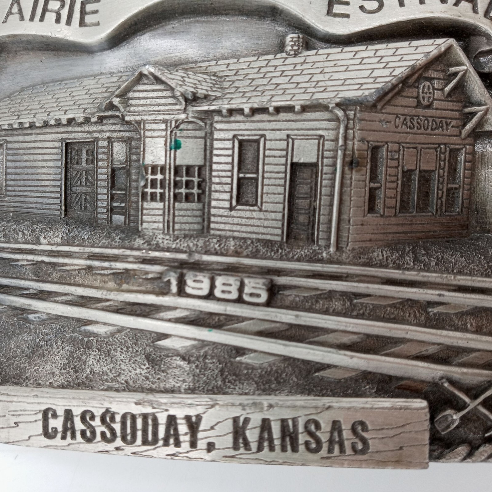 ATSF Train Depot Belt Buckle Cassoday KS 1985 Prairie Queen Festival Vintage