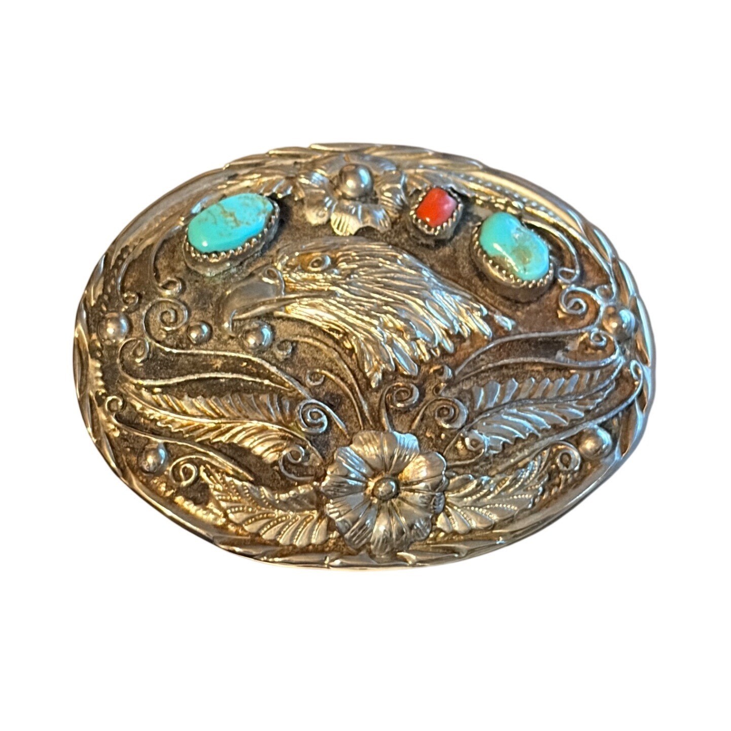 Vintage 1993 Handcrafted USA Eagle Belt Buckle Turquoise Coral Western Silver