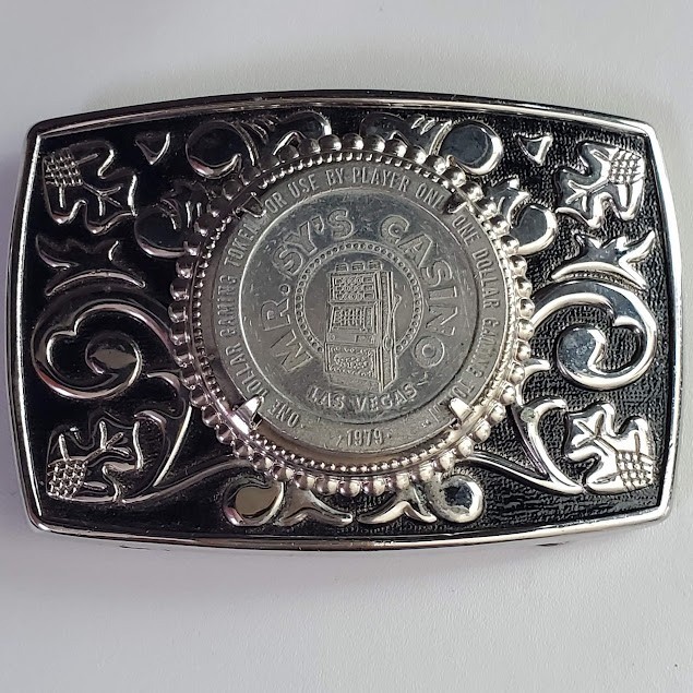 Mr. Sy&rsquo;s Casino Las Vegas 1979 $1 Gaming Token Western Belt Buckle Silver Tone