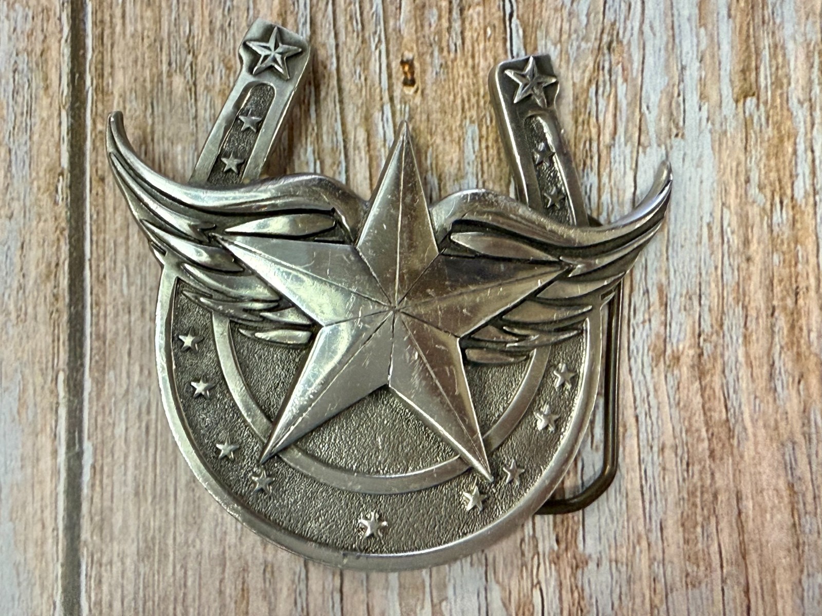 Lucky Horseshoe Winged Star Fine Pewter 2004 Belt Buckle Great American Products