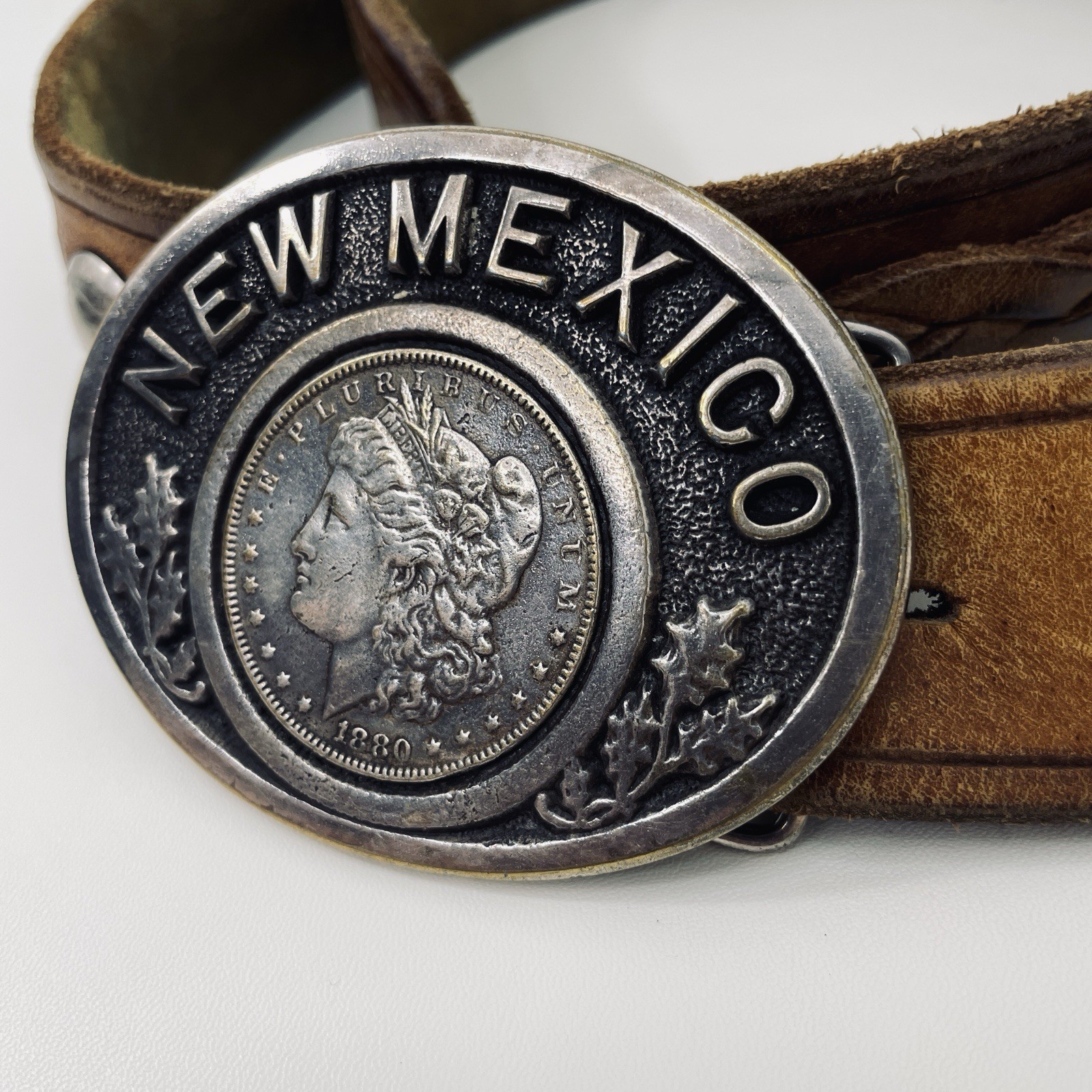 Pewter Belt Buckle 1880 Morgan Silver Dollar New Mexico Buffalo Nickel Leather