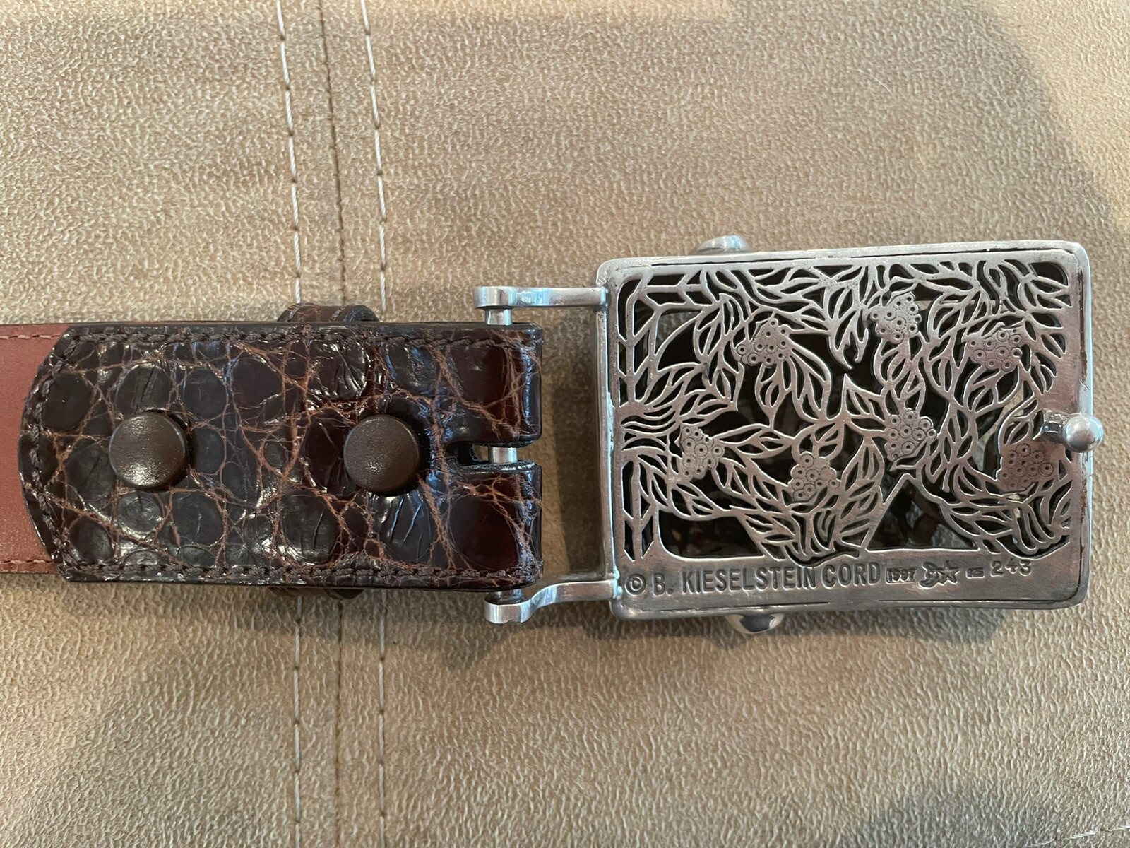 HUGE Kieselstein Sterling Grizzly Bear Buckle W/ Brown Alligator Belt Size 9
