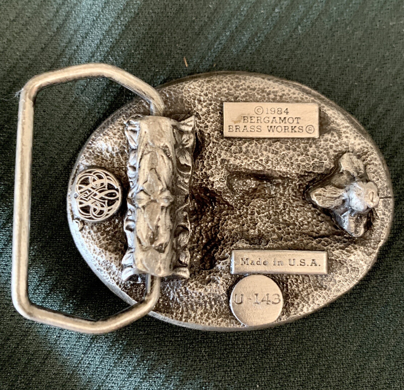 VINTAGE Belt Buckle PEWTER/ENAMEL Antique Convertible Car Fence Farm House 1984