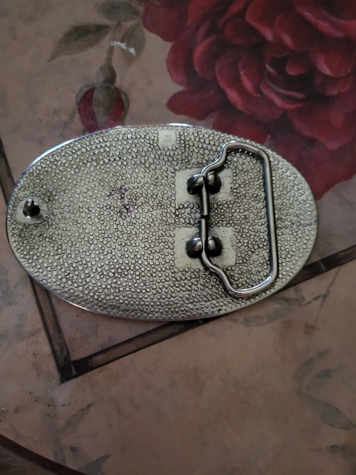 Goldtone Silvertone Cream Colored Etched Metal Belt Buckle