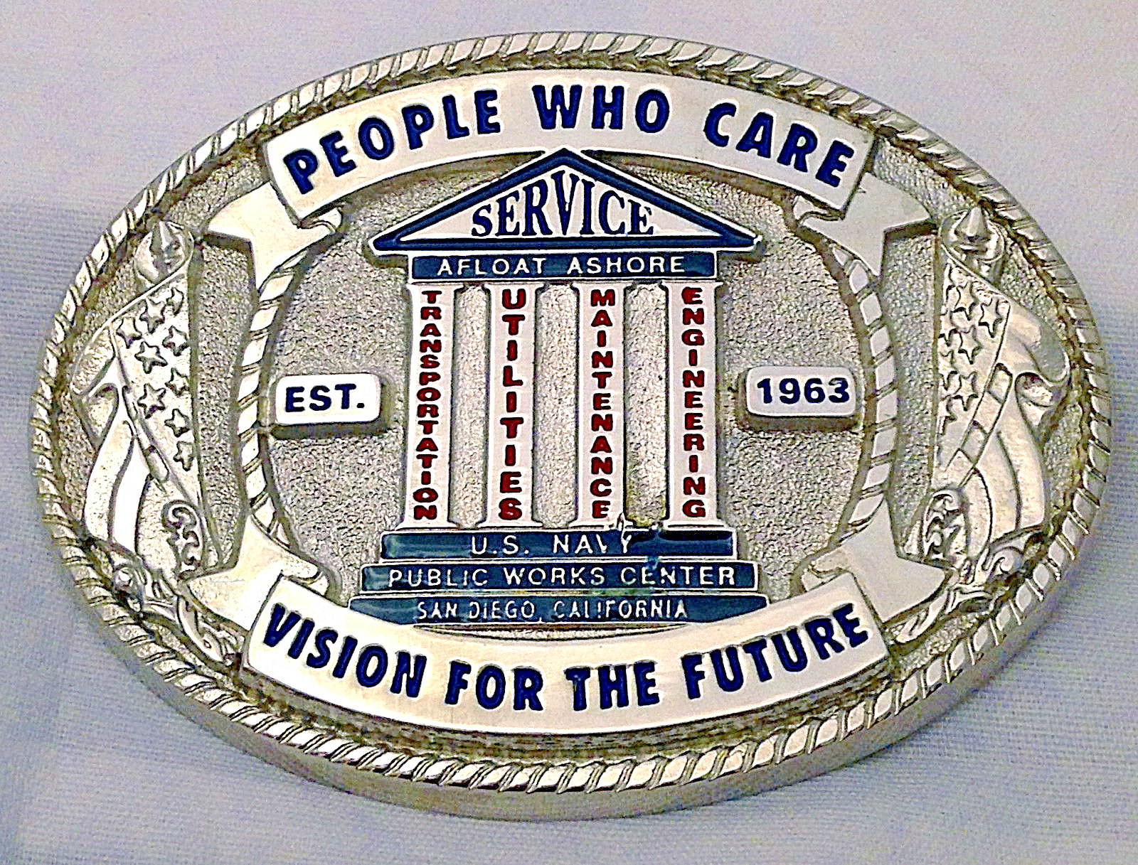 U.S. Navy Public Works Center Belt Buckle (Solid Brass, Silver) Hand Painted
