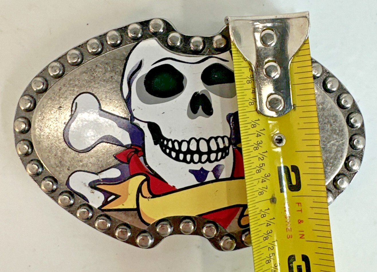 Skull & Crossbones Metal Belt Buckle 4” Studded Edge, Bandanna, And Banner